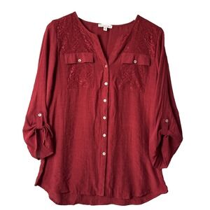 Notations Button Up Blouse Women Size M Burgundy Red Lace Roll Tab Sleeve